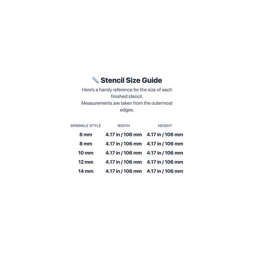 product_1347-03_sizes.jpg Tag Stencil Set, 5 Sprinkle Sizes, Perfect for Cocoa, Sugar & Edible Glitter
