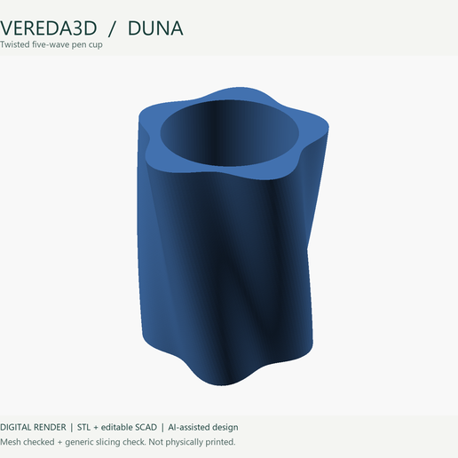 Vereda3D Duna — Twisted Five-Wave Pen Cup | STL + SCAD