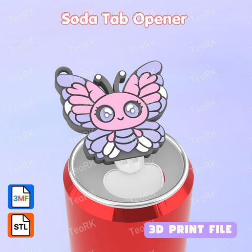 Soda Tab Opener pretty butterfly Keychain - STL 3MF pre-painted - Soda can Opener
