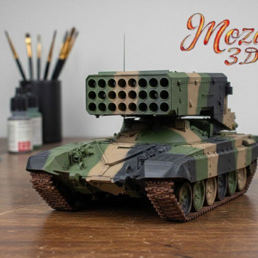 TOS-1A "Solntsepek" is a heavy flamethrower missile system on a tracked chassis.