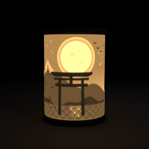 Japanese Night Lithophane Lantern - Torii Gate Under a Full Moon, Pagoda, Cherry Blossoms, Wave Pattern - 360 Degree LED Tealight Lamp - No Supports