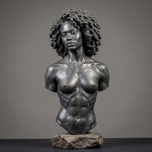 Athletic Woman Bust, Voluminous Curly Hair, Bronze Fine-Art Sculpture, 3D Printable STL, Classical Female Figure, Desk Ornament, Gift
