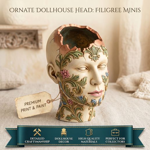 Filigree Dreamer Head STL - Cracked Open Face Planter and Pen Holder with Baroque Ornament - Surreal Bust 3D Print Model