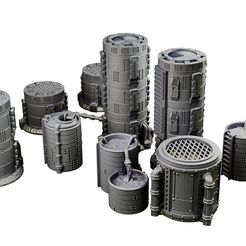 Chemical-Storage-Tower-Sample-A-Mystic-Pigeon-Gaming-1-w.jpg 3D file Chemical Factory Vats Walkways And Storage Tank Sci Fi Terrain・3D print design to download