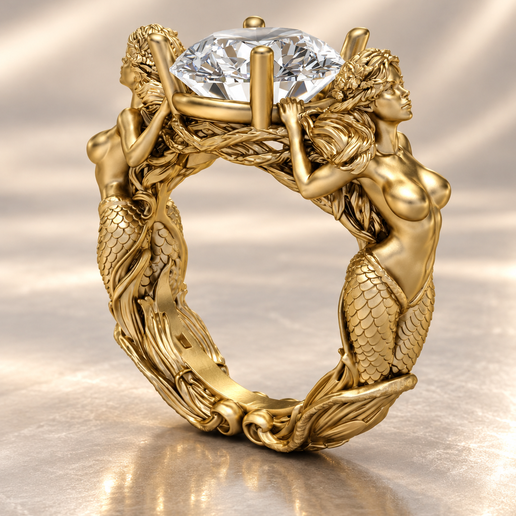 Mermaid Ring 3D Model Mythical Fantasy Jewelry Sculptural STL