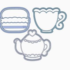 set.jpg Fichier STL Tea Time Tea Cutters Théière Tasse à macarons Mug Fête des Mères Thé・Modèle à télécharger et à imprimer en 3D
