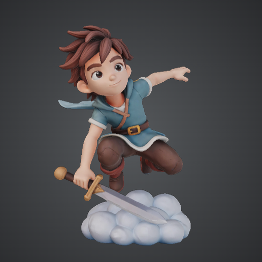 Young Fantasy Hero Leaping with Sword