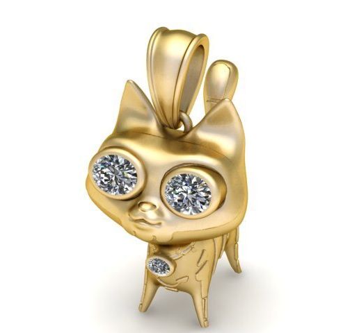 14K Gold "Cyber-Kitty" Pendant – Diamond-Eyed Futuristic Mascot