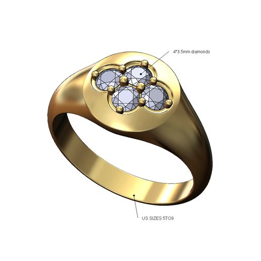 Diamond cluster dome round signet ring 3D print model 3D model