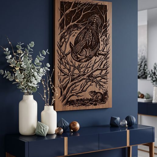 Great Horned Owl SVG - Night Forest Wildlife Laser Cut File for Wood Wall Art