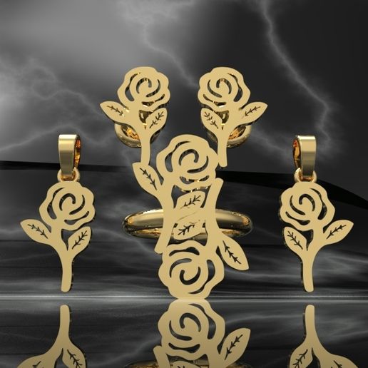 🇬🇧 Rose Jewelry Set - Adjustable Ring, Earrings & Pendant - STL Files for 3D Printing 🇷🇺 Rose Jewelry Set - Ring, Earrings & Pendant - STL Files for 3D Printing