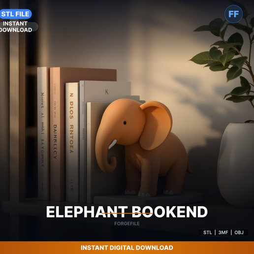 Elephant Bookend, Trunk Raised, Heavy Stable Base, - 3D Printable STL File