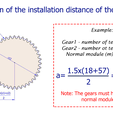 Calculation of the installation distance of the gears(a) e circles / Example: Gearl - number of teeth(z1) = 18 Gear2 - number ot teeth(z2) = 57 Normal module (m) = 1.5 mm _ 1.5x(18+57) 2 Note: The gears must have the same normal module(m) =56.25mm Cylindrical gear - paired - z62 m2 D128 d25