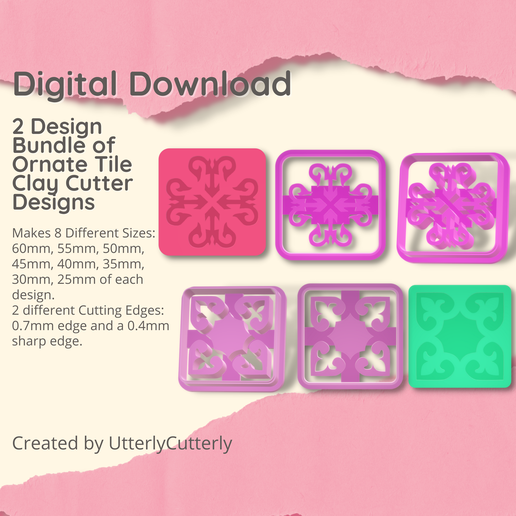 Ornate Tile 1 & 2 Clay Cutter - Embossed STL Digital File Download- 8 sizes and 2 Cutter Versions 3D model