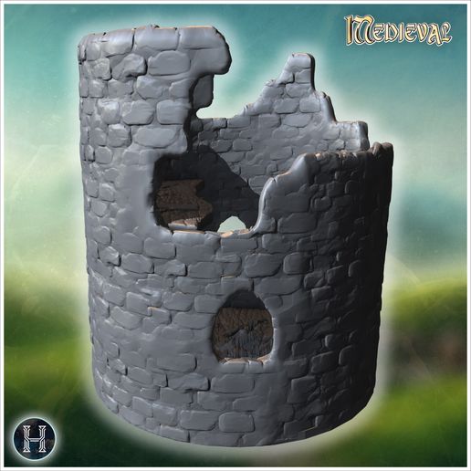 🧱 Rounded stone tower with crumbled upper walls, arched openings, and ...