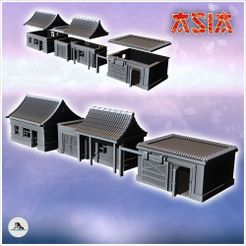 1-PREM.jpg STL file Set of three Asian wooden houses with curved tile roof (2) - Asian Asia Oriental Angkor Ninja Traditionnal RPG Mini・3D printing design to download