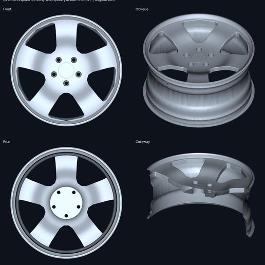 Audi-inspired S2 early five-spoke — wheel model STL