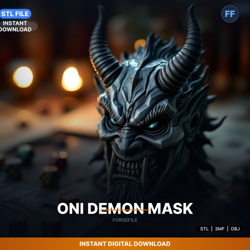 Japanese Oni Demon Mask, Fierce Expression, Horns, - 3D Printable STL File