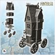1-PREM.jpg Fantasy medieval shop on four wooden wheels with sign and round window (3) - Medieval Gothic Feudal Old Archaic Saga 28mm 15mm RPG