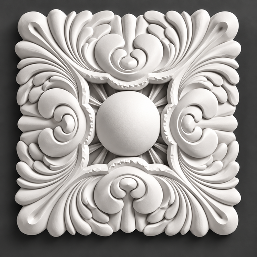 Baroque Scroll and Central Orb Plaster Relief Wall Panel