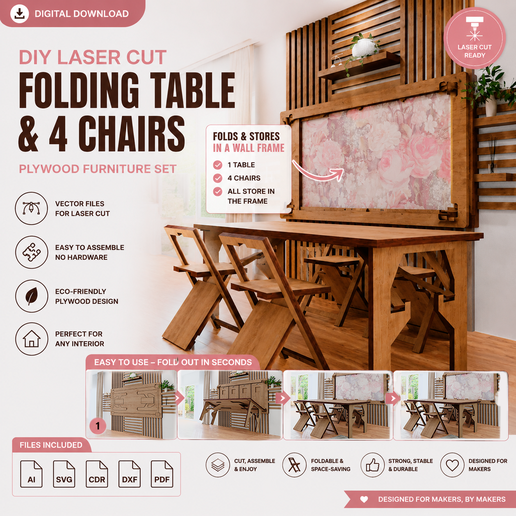 Folding Table and Chairs Laser Cut Files SVG | CNC Router Plywood Furniture Plans | DIY Space Saving Woodworking Project for Glowforge