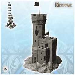 1-PREM.jpg Archivo STL Castillo de piedra con torre del homenaje dañada y banderas dobles (16) - Medieval Gótico Feudal Antiguo Arcaico Saga 28mm 15mm・Diseño de impresora 3D para descargar