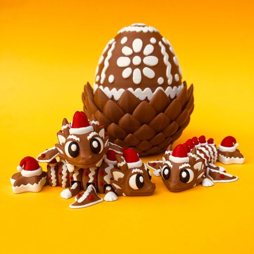 Gingerbread-Dragon-And-Egg-STL-3D-Print-Files-2.jpg Articulated Gingerbread Dragon And Egg Storage Box, No Support For Printing, Flexi Winged Dragon