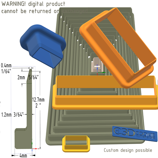 WARNING! digital product cannot be returned o 0.4mm 1/64" 2mm 1.2mm 3/64" — Custom design possible 矩形 Сookie Сutter 从小型到大型。比例 1 到 2。