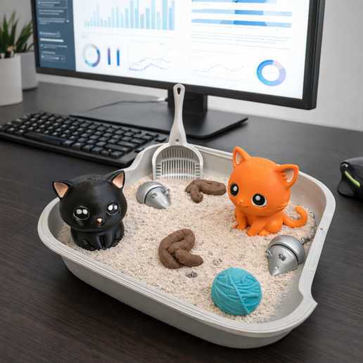 Cat Zen Garden Desk Toy – Funny 3D Printed Litter Box Zen Garden with Cats, Mice & Sand Tools