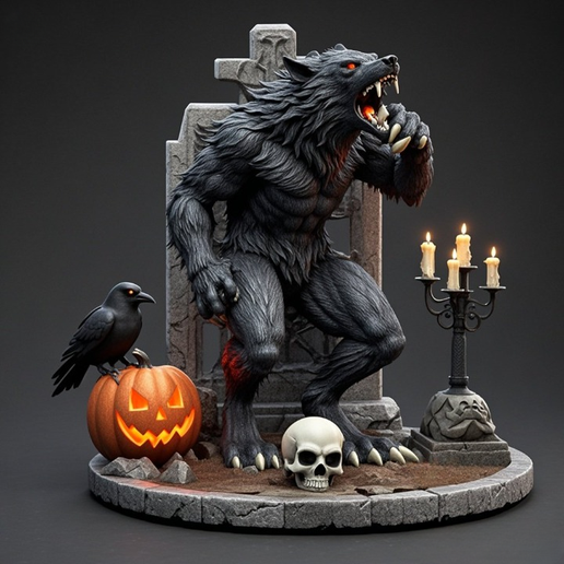3614 Werewolf Howling with Skull - Minimalist Statue, witch, werewolf, character, 3d, magic, monster, gothic, stl, skeleton, skull, minimalist, 3dmodel, 3dprint, 3dtalk, figurine, collectible, fantasy, dragon, decorative, STL