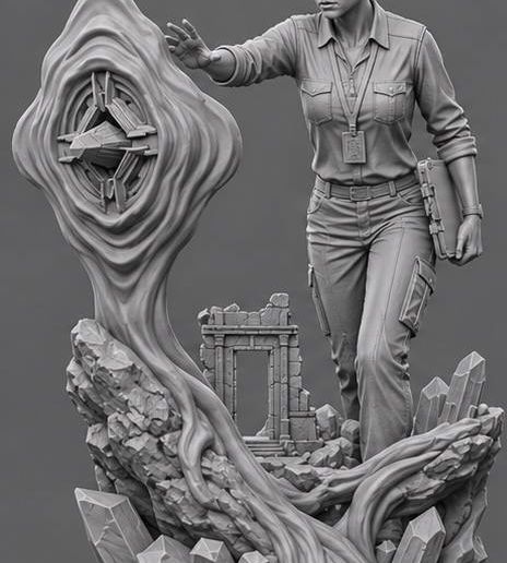 Emily Pope with Resonant Artifact 3D Printable Figure - CONTROL Resonant Video Game Fan Art Diorama Statue with Foundation Crystal Base