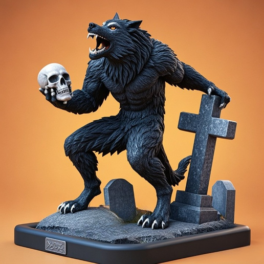 3663 Werewolf Howling with Skull - Minimalist Statue, magic, dragon, serpent, mask, gnome, gorgon, venetian carnival, wild, fox, monster, cat, fair, witch, werewolf, horror, beast, snake, troll, skeleton, STL