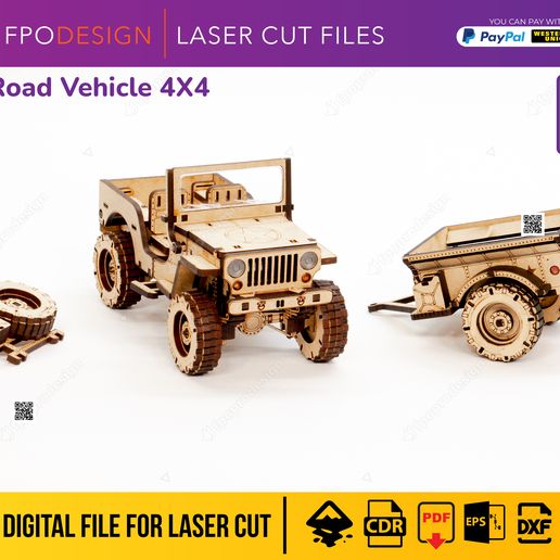 JP-W-REMOLQUE2.jpg Carro de guerra 4x4 con remolque planos corte láser madera mdf aglomerado de 3mm truck  modelo 3d para armar Laser Cut 3D Puzzle DIY png svg