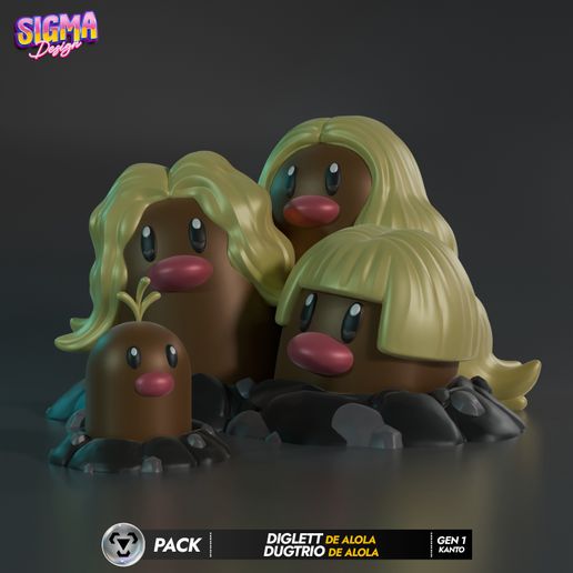 🐉 pack - diglett de alola dugtrio de alola・Arquivo 3D para Impressão 3D ...