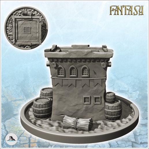 3.jpg Medieval house on pedestal with flat roof and exterior accessories (5) - Medieval Fantasy Magic Feudal Old Archaic Saga 28mm 15mm