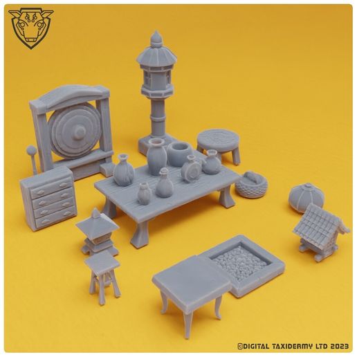 Japanese Interior & Shrine Scatter Pack STL - Feudal Furniture, Temple Gong, Lanterns & Props