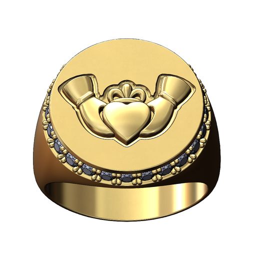 Diamond-halo-sides-18mm-round-Claddagh-heart-Chunky-signet-ring-size9-02.jpg Diamond halo Claddagh heart crown round signet ring size 9 3D print model
