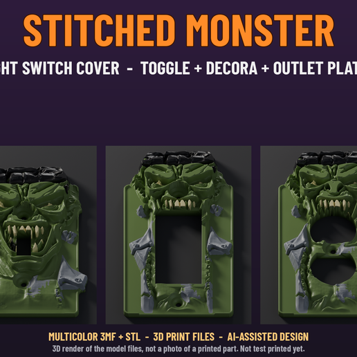 Stitched Monster Light Switch Cover - Relief Toggle, Decora & Outlet Plate, Multicolor 3MF
