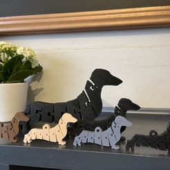 9C404CB7-AAB7-4D76-B9A9-3B20C292B049.jpeg STL file Flexi Dachshund Sausage Wiener Dog Keyring Fidget Display Frenchie Silhouette Articulated・3D printable model to download