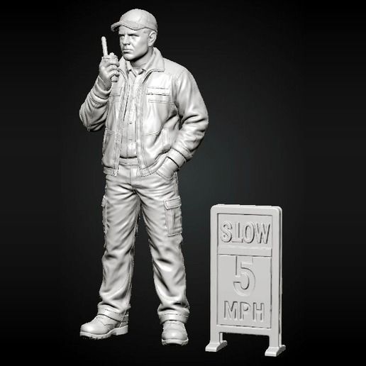 Parking Garage - Attendant on Radio with Slow Sign