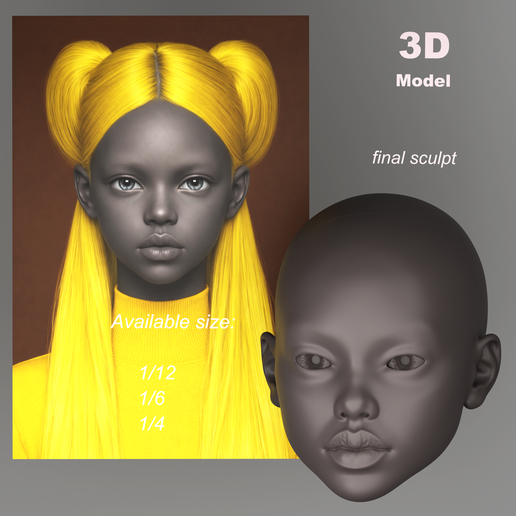 BJD doll head Aly, 1|12 BJD head, 1|6 doll head, 1|4 ball jointed doll head, anime head, head, 3d printed doll head, STL doll, ooak