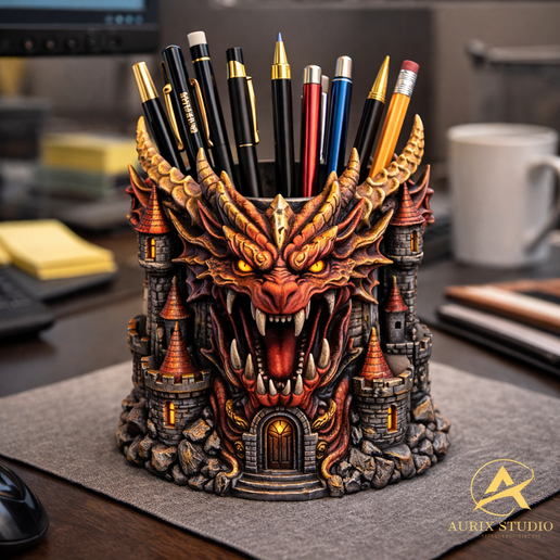 Dragon Castle Pen Holder STL – Fantasy Desk Organizer for 3D Printing