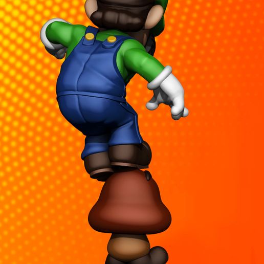 03_Renders.jpg 3D-фигурка Луиджи в действии, топающего по классическому гумбе из вселенной Mario.