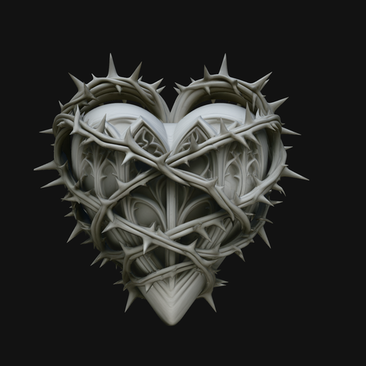 Crowned Thorn Heart Relief Statue Design 6 - 3D Print Model