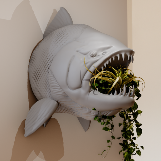 piranha head wall mount mouth open planter pot flower vase stl - 3D model önizlemesi