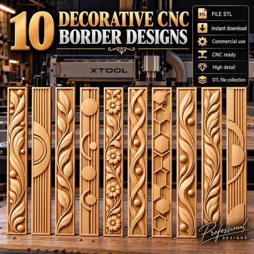 10 Decorative CNC Border Designs – 3D Relief STL Files for Wood Carving