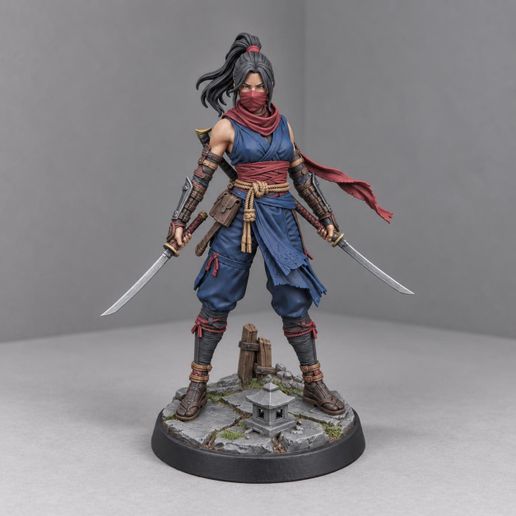 Masked Dual Blade Warrior Figure STL File, 3D Printable Fantasy Sword Fighter Statue
