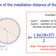 Calculation of the installation distance of the gears(a) e circles / Example: Gearl - number of teeth(z1) = 18 Gear2 - number ot teeth(z2) = 57 Normal module (m) = 1.5 mm _ 1.5x(18+57) 2 Note: The gears must have the same normal module(m) =56.25mm Cylindrical gear - paired - z44 m2 D92 d10