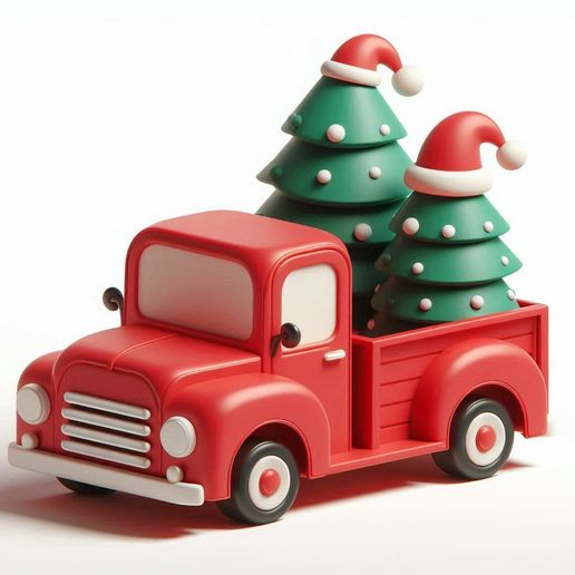 Cute Red Pickup Truck Carrying Christmas Trees - Holiday Decor
