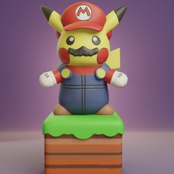 pikachu-mario-render.jpg Бесплатный STL файл Покемон - Пикачу Косплей Марио・Шаблон для 3D-печати для загрузки
